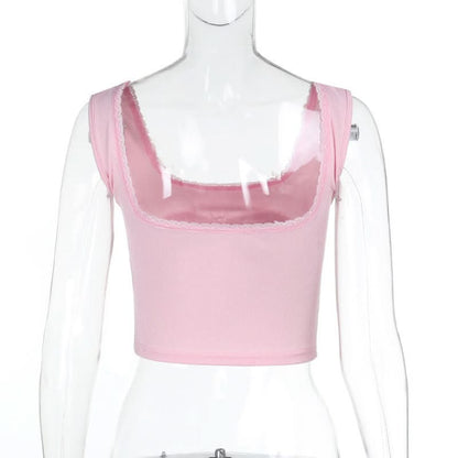Square neck lace hem sweetheart print tank top