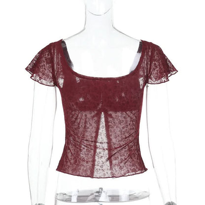 Cap sleeve square neck lace bowknot crop top