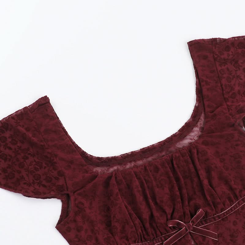 Cap sleeve square neck lace bowknot crop top