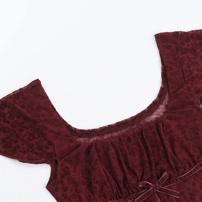 Cap sleeve square neck lace bowknot crop top