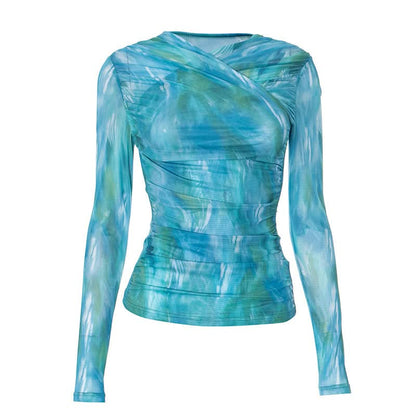 Long sleeve mesh ruched contrast top