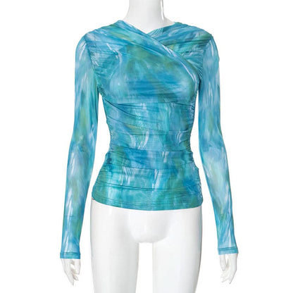 Long sleeve mesh ruched contrast top