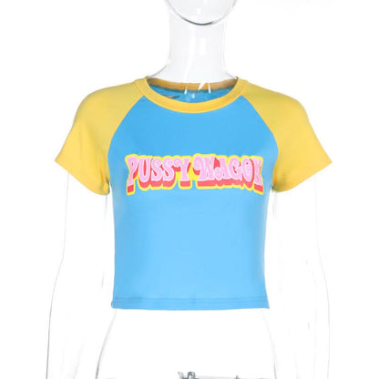 Short sleeve crewneck contrast letter print top