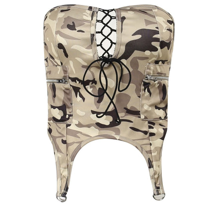 Camouflage lace up zip up tube top