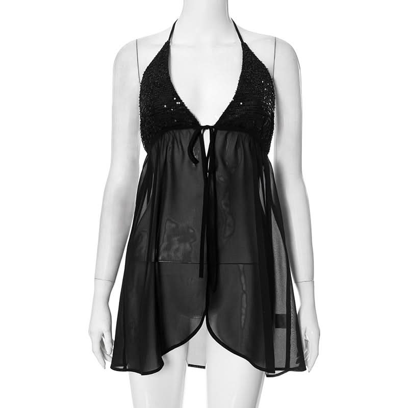 Halter v neck glitter mesh top