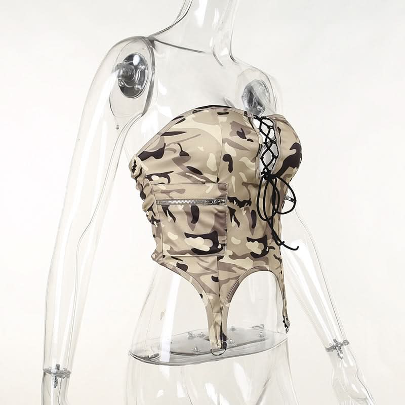 Camouflage lace up zip up tube top