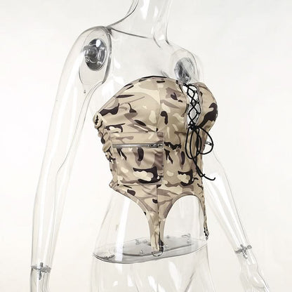 Camouflage lace up zip up tube top