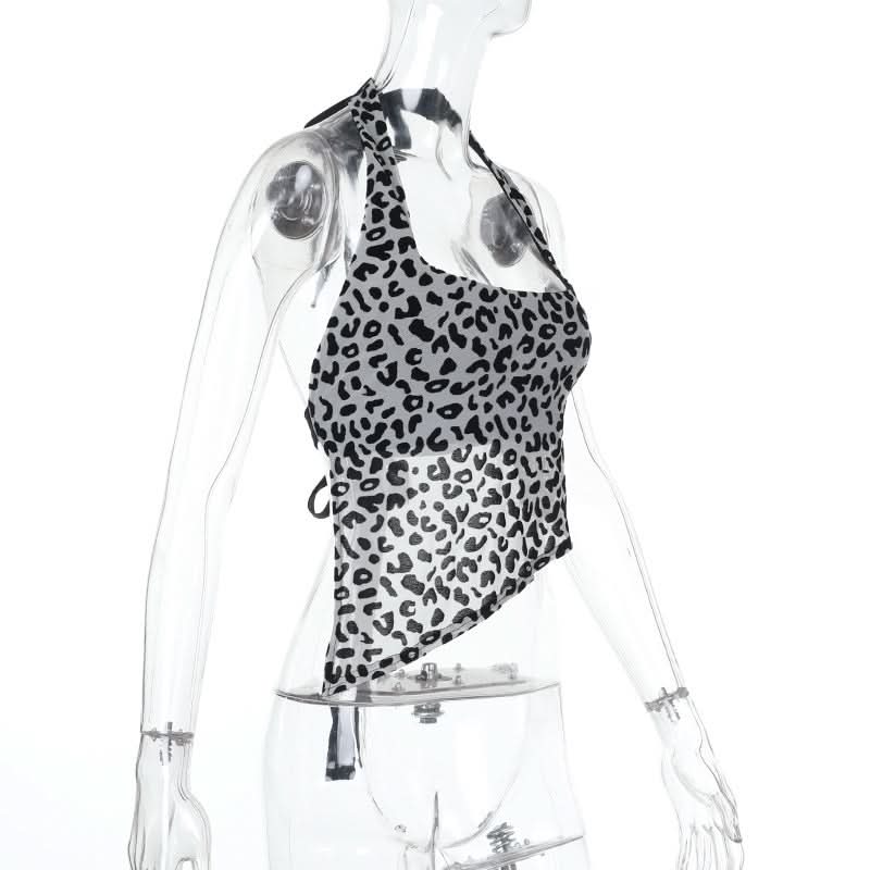Halter leopard print self tie backless top