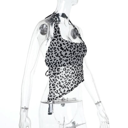 Halter leopard print self tie backless top