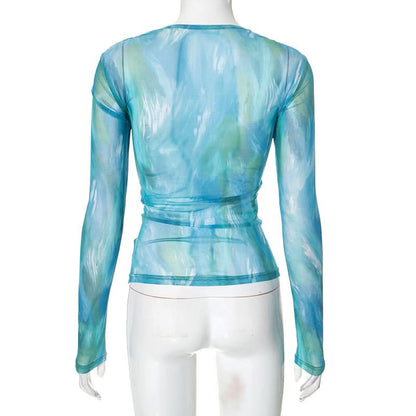 Long sleeve mesh ruched contrast top