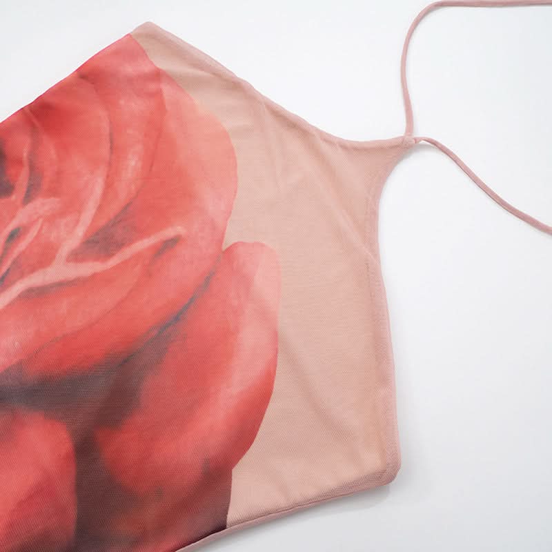 Halter flower print backless mesh midi dress