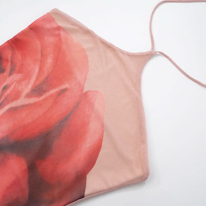 Halter flower print backless mesh midi dress