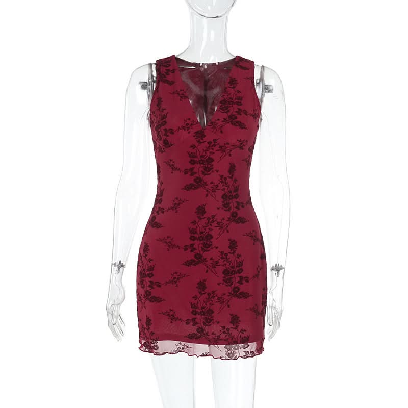 V neck sleeveless mesh mini dress