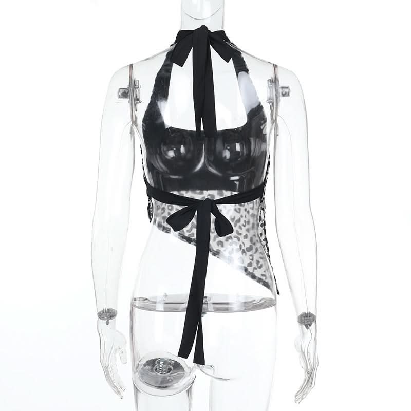 Halter leopard print self tie backless top