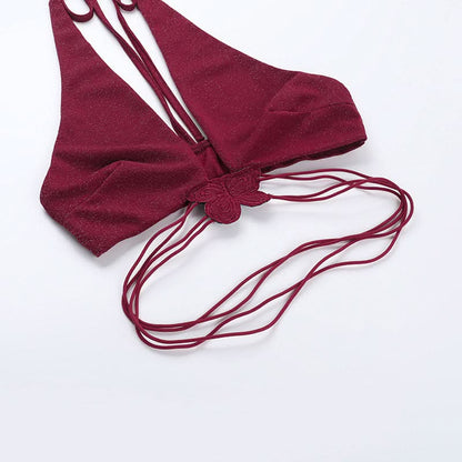 Halter v neck glitter butterfly applique mini skirt set