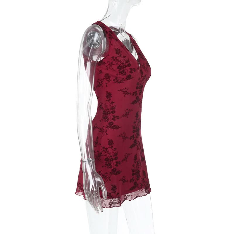 V neck sleeveless mesh mini dress