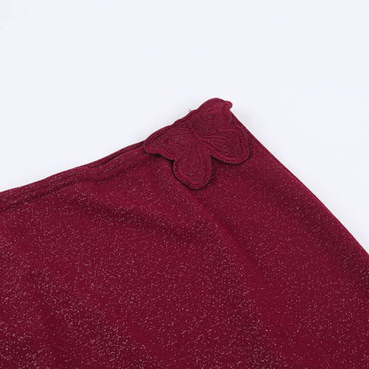 Halter v neck glitter butterfly applique mini skirt set