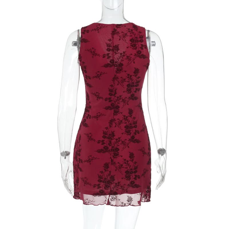 V neck sleeveless mesh mini dress
