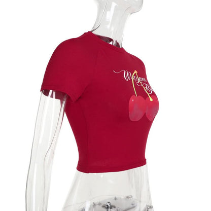 Crewneck short neck cherry print top