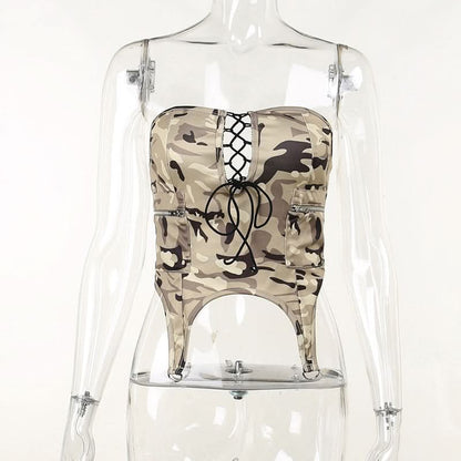 Camouflage lace up zip up tube top