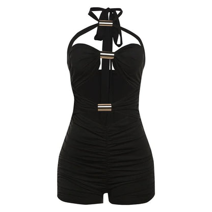 Halter hollow out ruched self tie romper