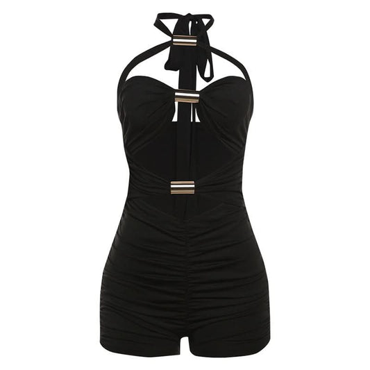 Halter hollow out ruched self tie romper