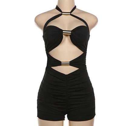 Halter hollow out ruched self tie romper