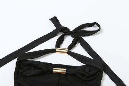 Halter hollow out ruched self tie romper