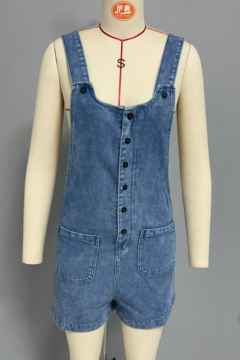 Casual Pocket Buttons U Neck Loose Rompers