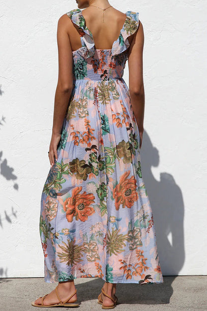 Vacation Geometric Print Flowers Contrast V Neck Long Dresses