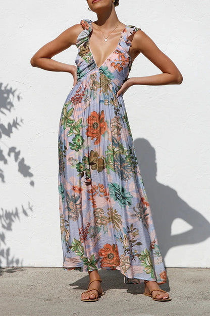 Vacation Geometric Print Flowers Contrast V Neck Long Dresses
