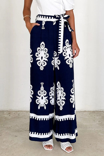 Casual Striped Print Pocket Lace Up Loose High Waist Straight Full Print Bottoms