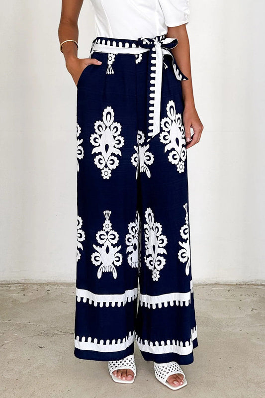 Casual Striped Print Pocket Lace Up Loose High Waist Straight Full Print Bottoms