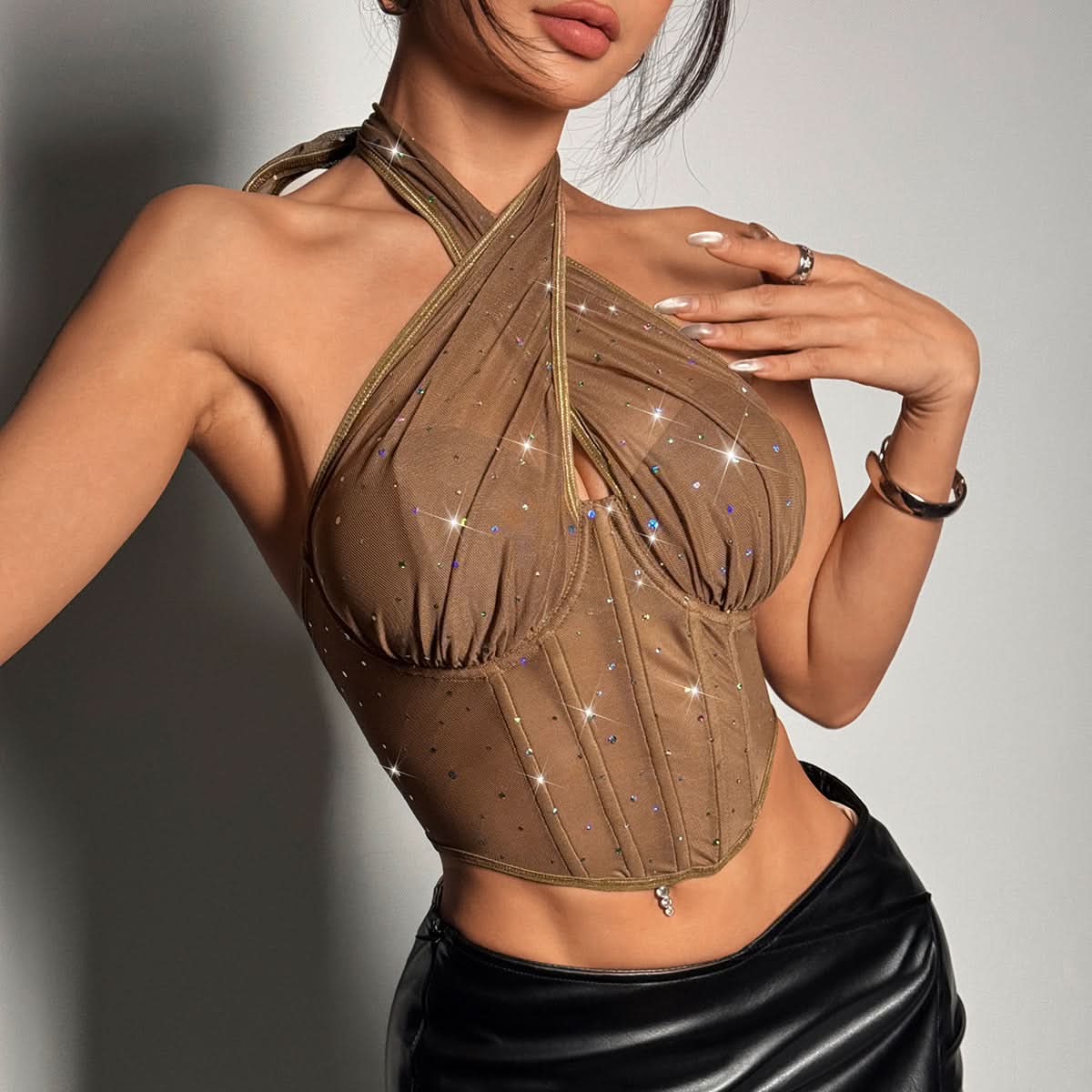 Halter glitter mesh patchwork corset top