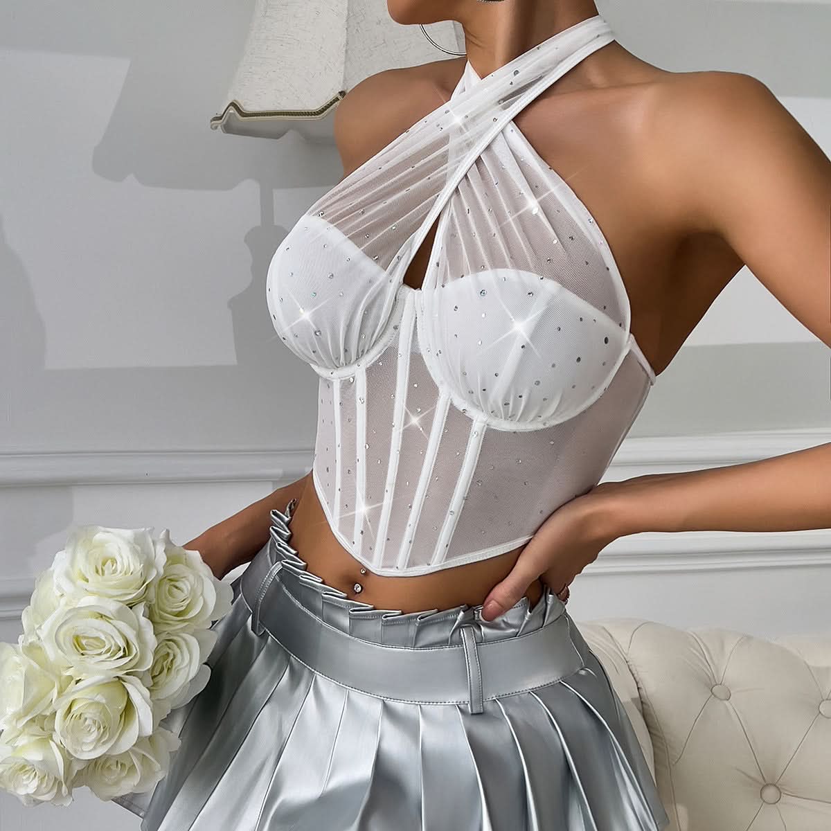 Halter glitter mesh patchwork corset top