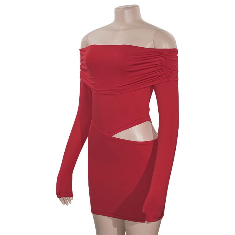 Off shoulder long sleeve hollow out ruched cut out mini dress