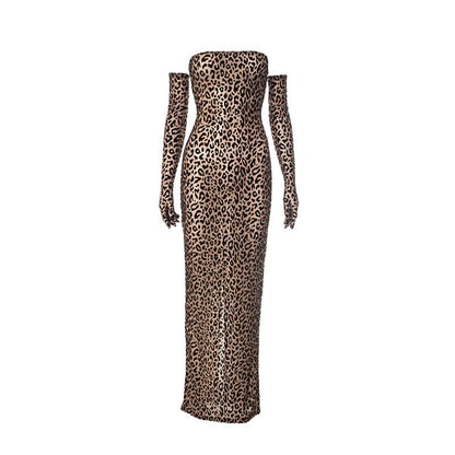 Leopard print gloves slit tube maxi dress