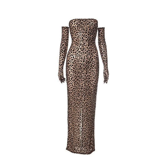 Leopard print gloves slit tube maxi dress