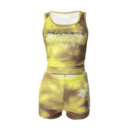 U neck contrast cross print short pant set