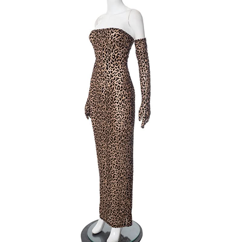 Leopard print gloves slit tube maxi dress