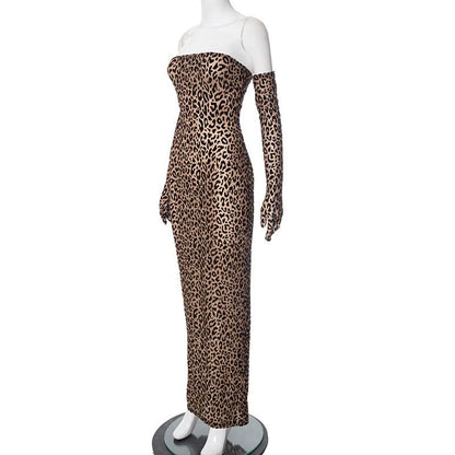 Leopard print gloves slit tube maxi dress
