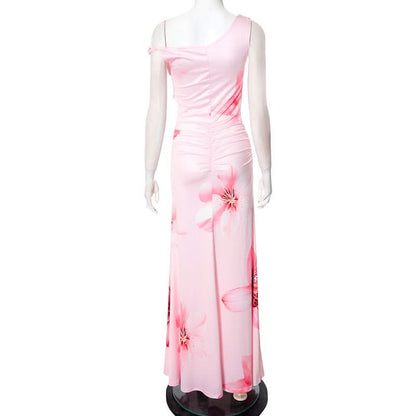 One shoulder flower print ruched maxi dress