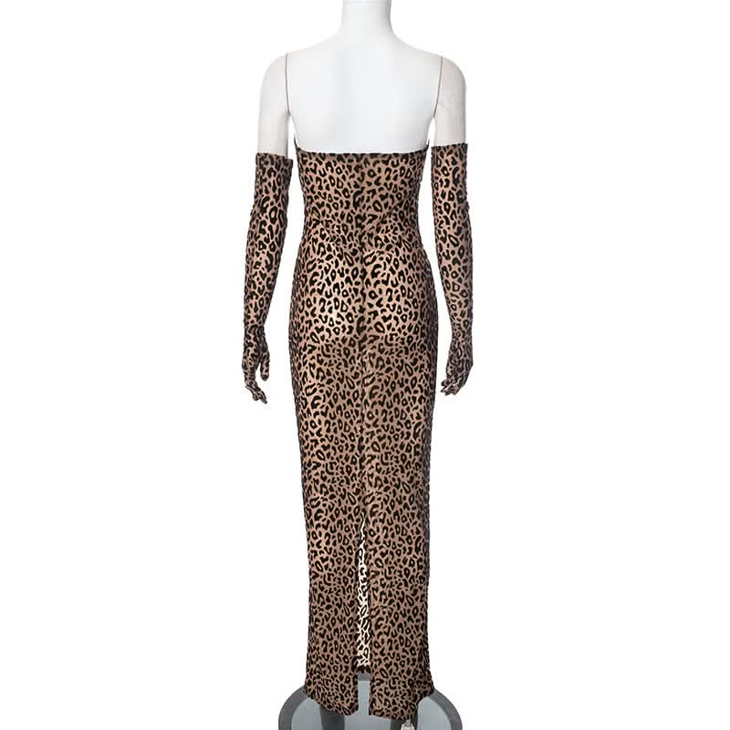 Leopard print gloves slit tube maxi dress