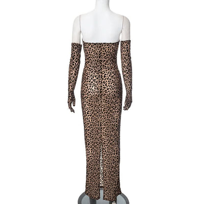Leopard print gloves slit tube maxi dress