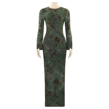 Long sleeve backless self tie slit maxi dress