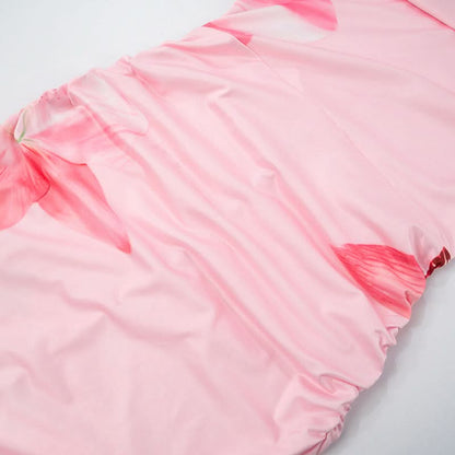 One shoulder flower print ruched maxi dress