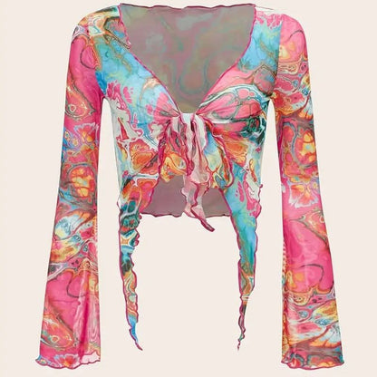 Long sleeve mesh contrast knotted ruffle top