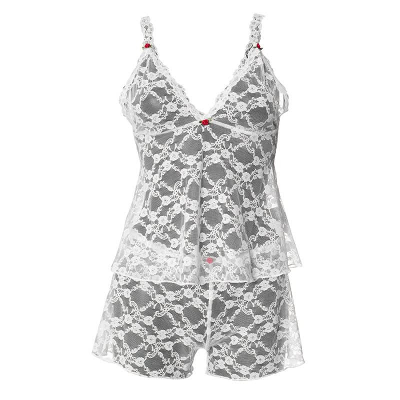 V neck lace see through cami short pant set