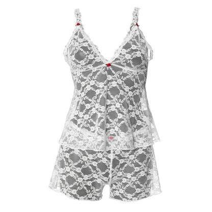 V neck lace see through cami short pant set