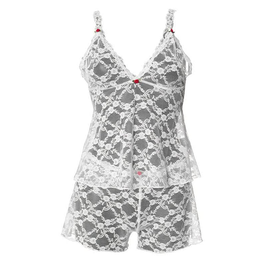 V neck lace see through cami short pant set